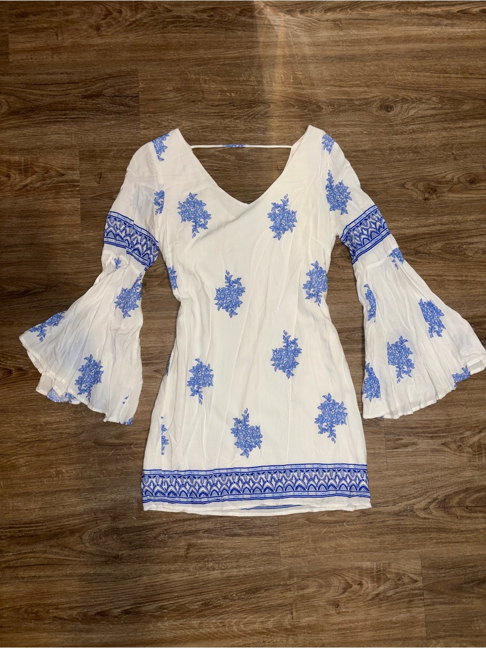 White Dress with Blue Embroidered Floral Print and Bell Sleeves